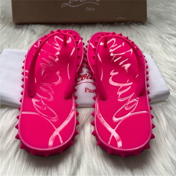 Hot Pink Louboutin Spiked Flip Flops - Picture 2 of 4